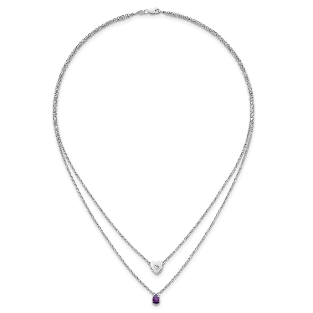 Sterling Silver Rhodium Plated White Ice .05 Dia and Amethyst 2-Strand Heart Necklace