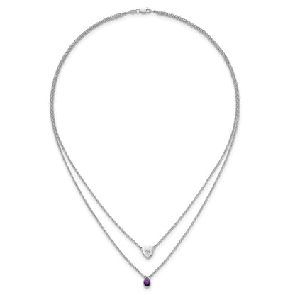 Sterling Silver Rhodium Plated White Ice .05 Dia and Amethyst 2-Strand Heart Necklace