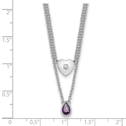 Sterling Silver Rhodium Plated White Ice .05 Dia and Amethyst 2-Strand Heart Necklace