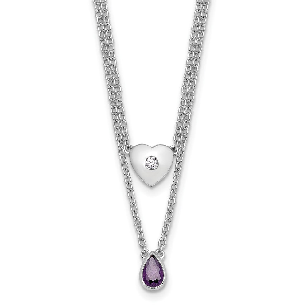 Sterling Silver Rhodium Plated White Ice .05 Dia and Amethyst 2-Strand Heart Necklace