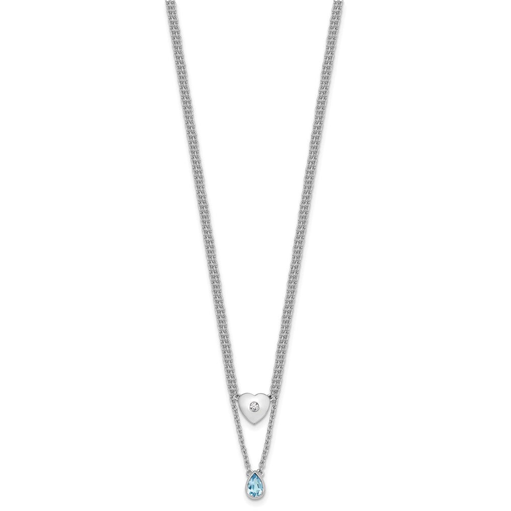 Sterling Silver Rhodium Plated White Ice .05 Dia and Blue Topaz 2-Strand Heart Necklace