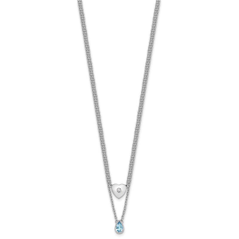 Sterling Silver Rhodium Plated White Ice .05 Dia and Blue Topaz 2-Strand Heart Necklace