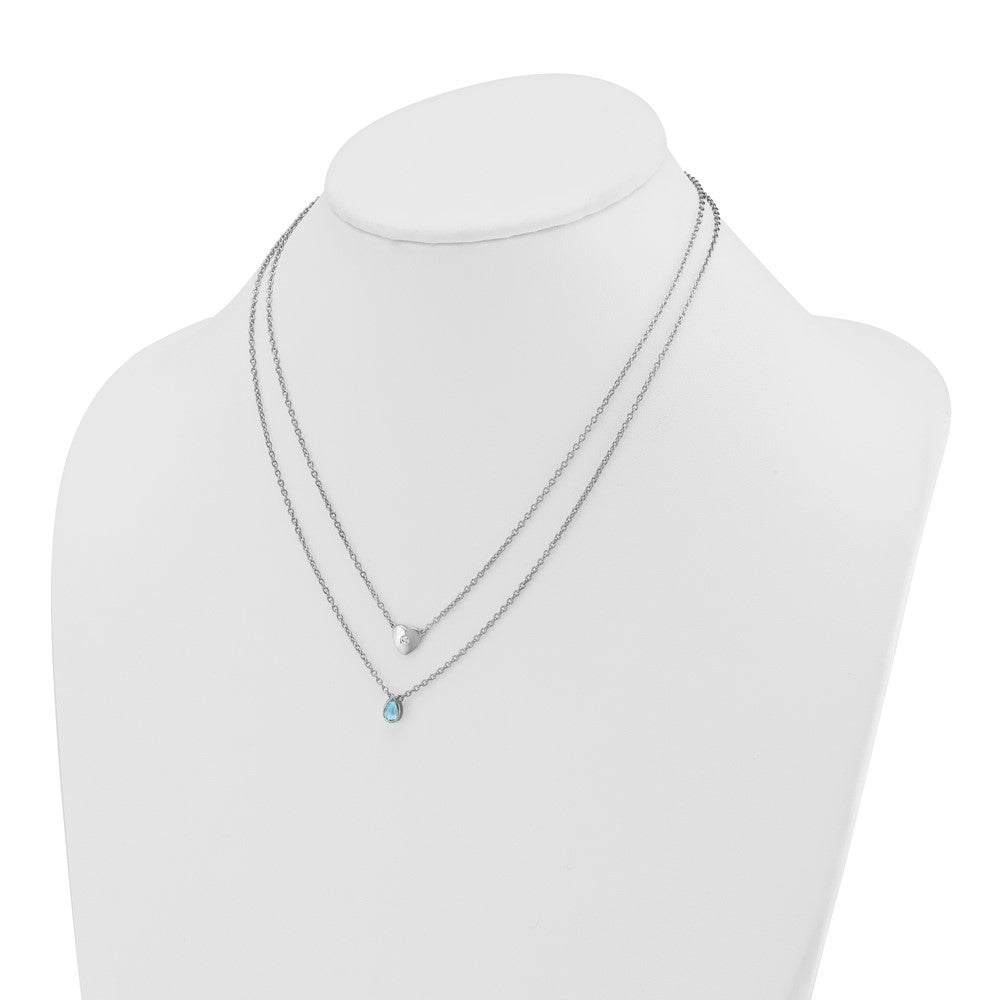 Sterling Silver Rhodium Plated White Ice .05 Dia and Blue Topaz 2-Strand Heart Necklace