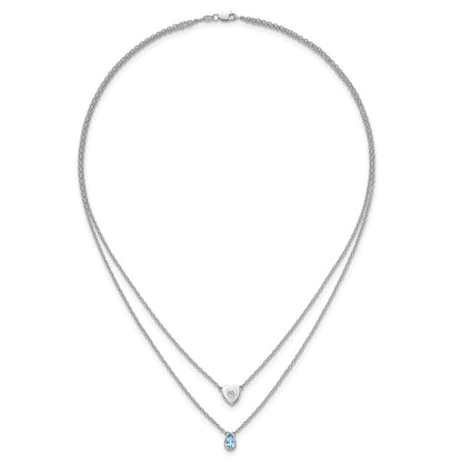 Sterling Silver Rhodium Plated White Ice .05 Dia and Blue Topaz 2-Strand Heart Necklace