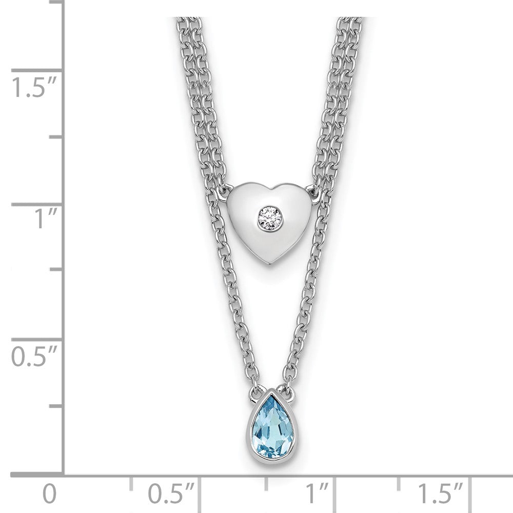 Sterling Silver Rhodium Plated White Ice .05 Dia and Blue Topaz 2-Strand Heart Necklace