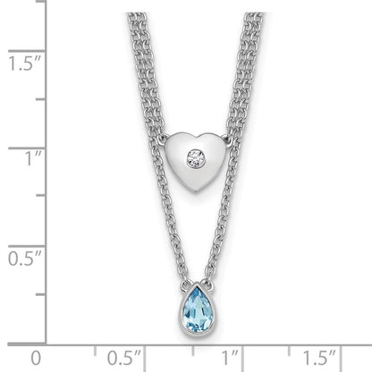 Sterling Silver Rhodium Plated White Ice .05 Dia and Blue Topaz 2-Strand Heart Necklace