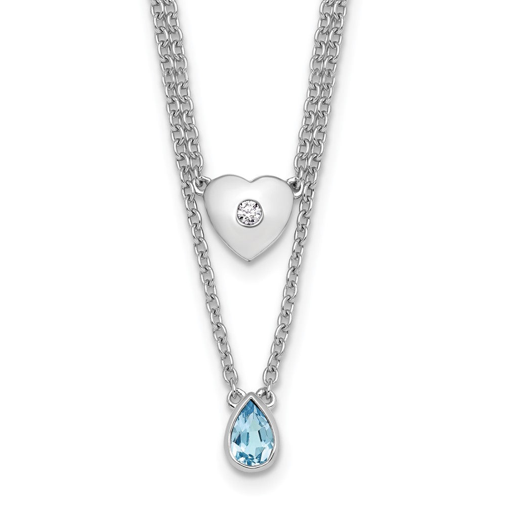 Sterling Silver Rhodium Plated White Ice .05 Dia and Blue Topaz 2-Strand Heart Necklace