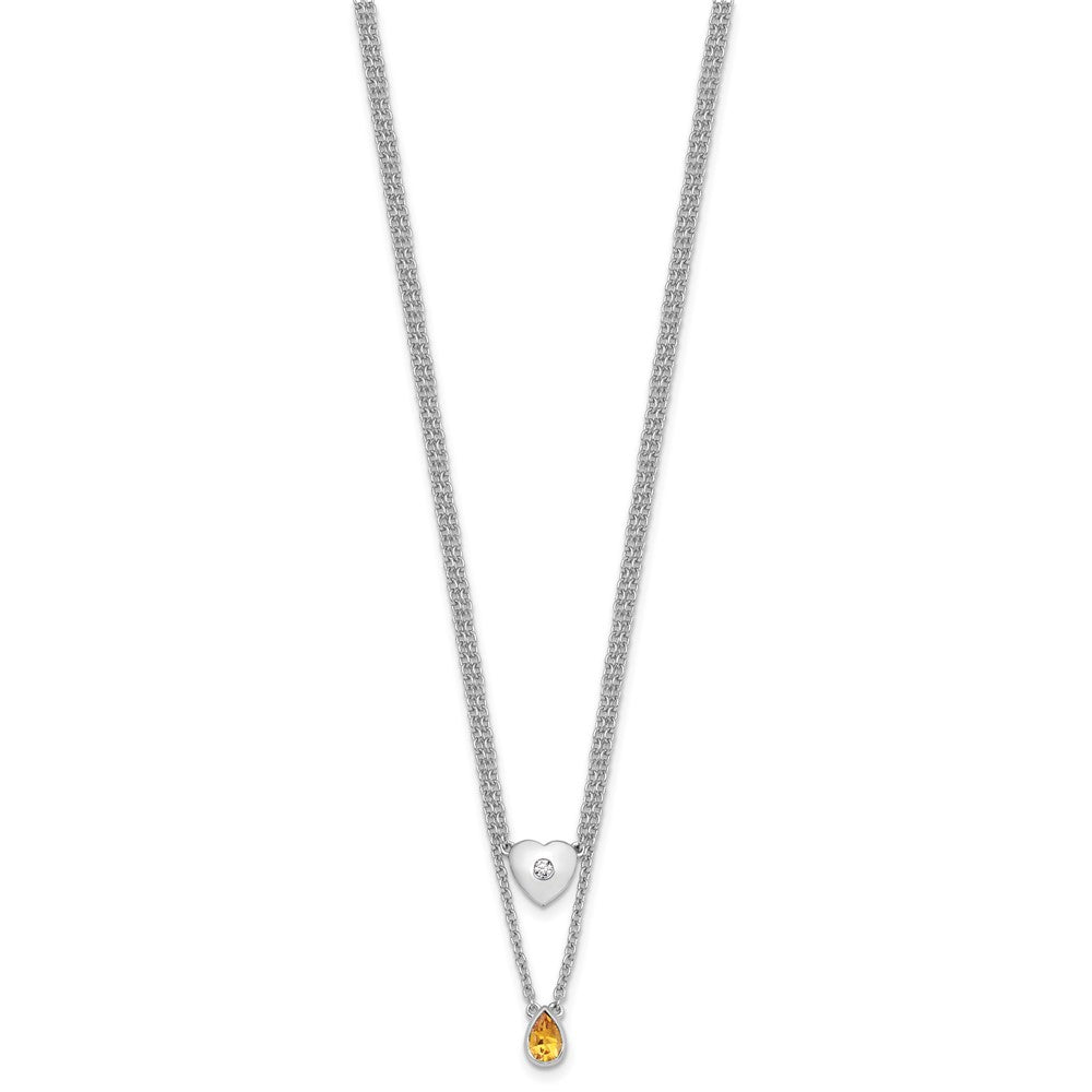 Sterling Silver Rhodium Plated White Ice .05 Dia and Citrine 2-Strand Heart Necklace