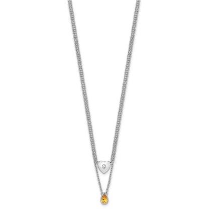 Sterling Silver Rhodium Plated White Ice .05 Dia and Citrine 2-Strand Heart Necklace