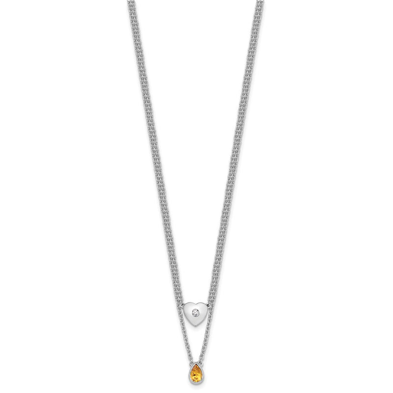 Sterling Silver Rhodium Plated White Ice .05 Dia and Citrine 2-Strand Heart Necklace