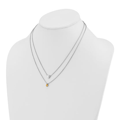 Sterling Silver Rhodium Plated White Ice .05 Dia and Citrine 2-Strand Heart Necklace