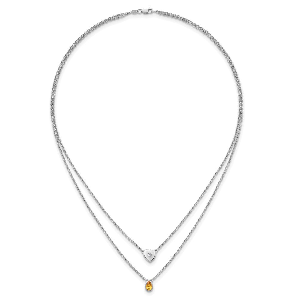 Sterling Silver Rhodium Plated White Ice .05 Dia and Citrine 2-Strand Heart Necklace