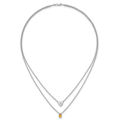 Sterling Silver Rhodium Plated White Ice .05 Dia and Citrine 2-Strand Heart Necklace