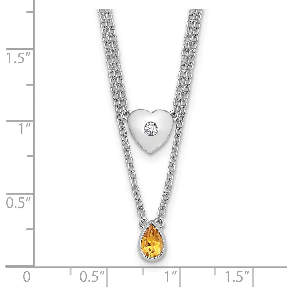 Sterling Silver Rhodium Plated White Ice .05 Dia and Citrine 2-Strand Heart Necklace