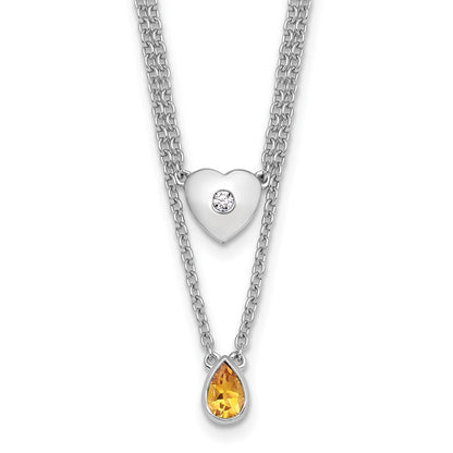 Sterling Silver Rhodium Plated White Ice .05 Dia and Citrine 2-Strand Heart Necklace