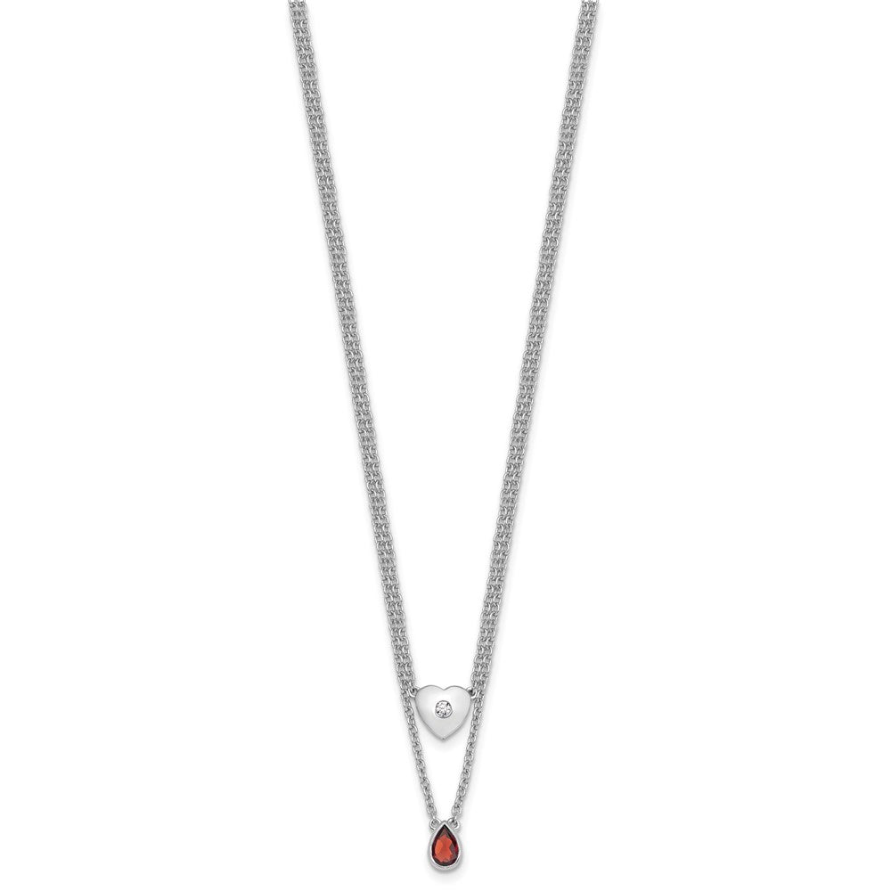 Sterling Silver Rhodium Plated White Ice .05 Dia and Garnet 2-Strand Heart Necklace