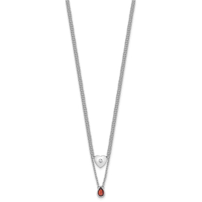 Sterling Silver Rhodium Plated White Ice .05 Dia and Garnet 2-Strand Heart Necklace