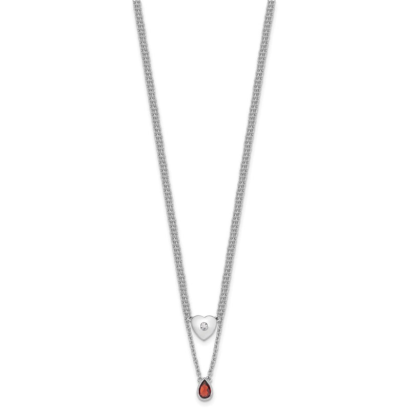 Sterling Silver Rhodium Plated White Ice .05 Dia and Garnet 2-Strand Heart Necklace