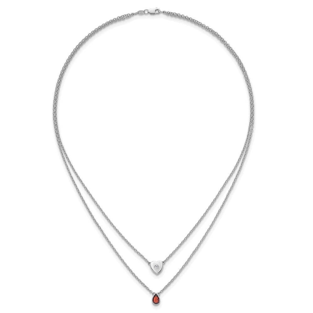 Sterling Silver Rhodium Plated White Ice .05 Dia and Garnet 2-Strand Heart Necklace