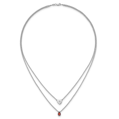 Sterling Silver Rhodium Plated White Ice .05 Dia and Garnet 2-Strand Heart Necklace