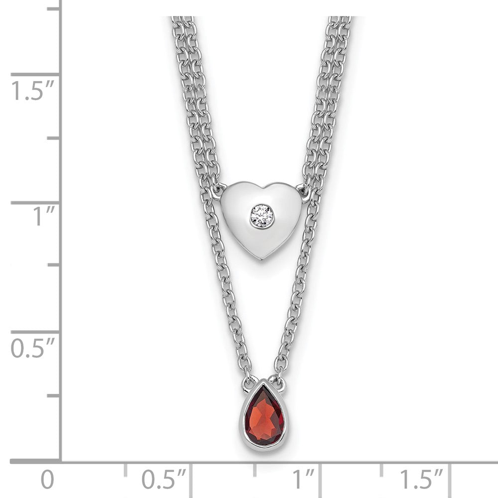 Sterling Silver Rhodium Plated White Ice .05 Dia and Garnet 2-Strand Heart Necklace