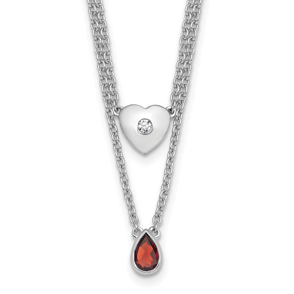 Sterling Silver Rhodium Plated White Ice .05 Dia and Garnet 2-Strand Heart Necklace