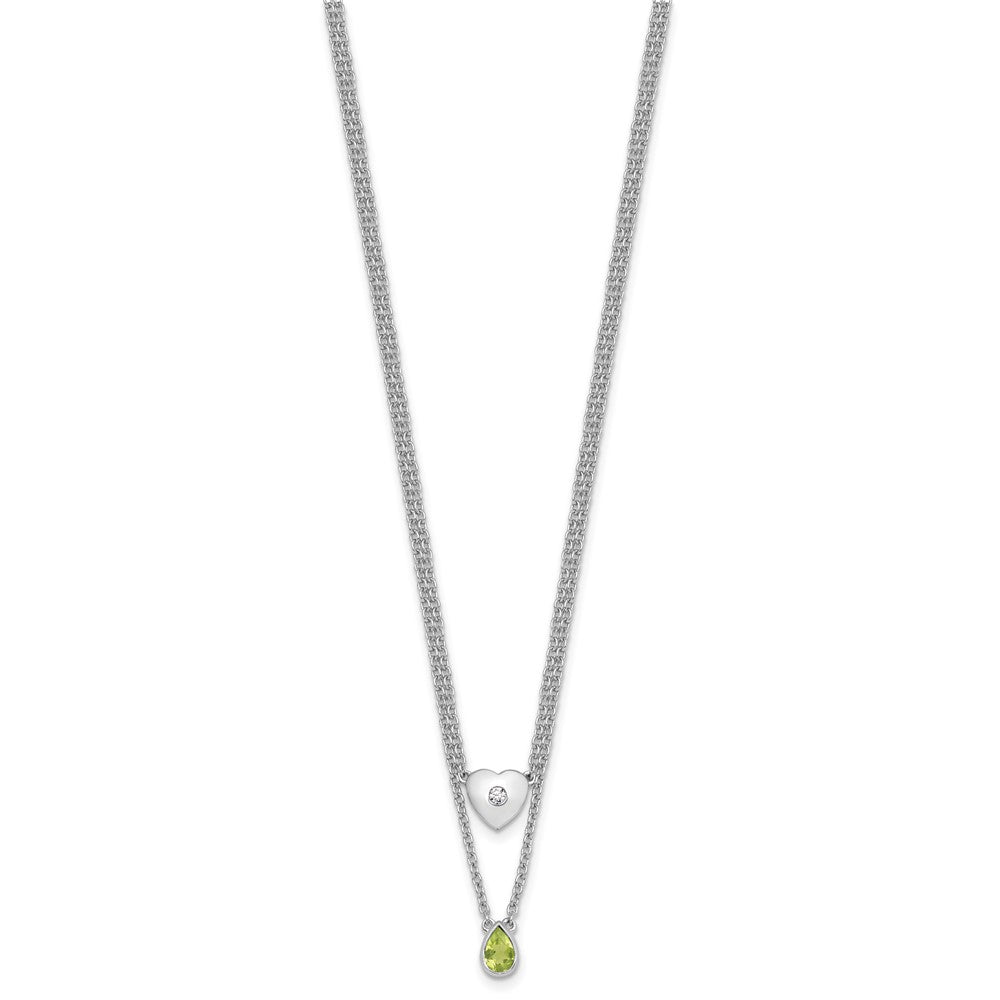 Sterling Silver Rhodium Plated White Ice .05 Dia and Peridot 2-Strand Heart Necklace