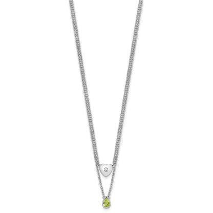 Sterling Silver Rhodium Plated White Ice .05 Dia and Peridot 2-Strand Heart Necklace