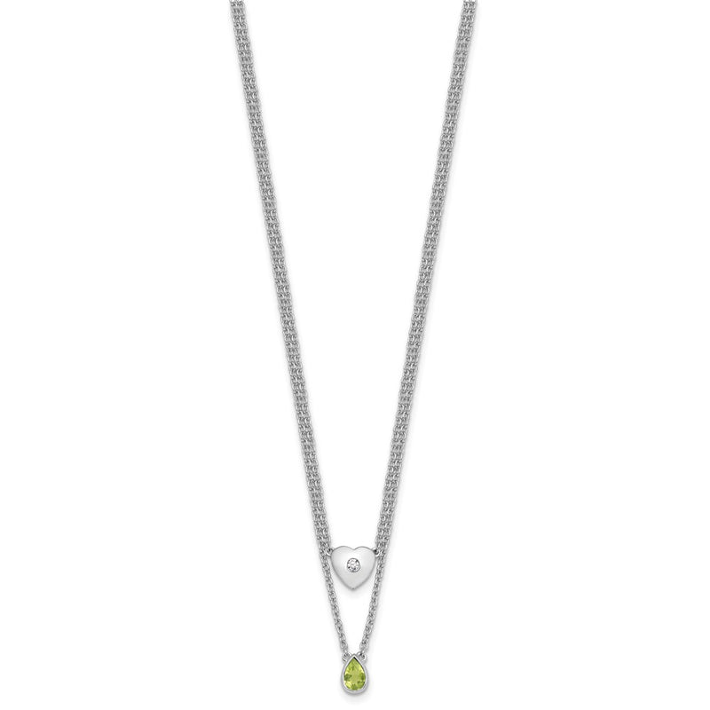Sterling Silver Rhodium Plated White Ice .05 Dia and Peridot 2-Strand Heart Necklace