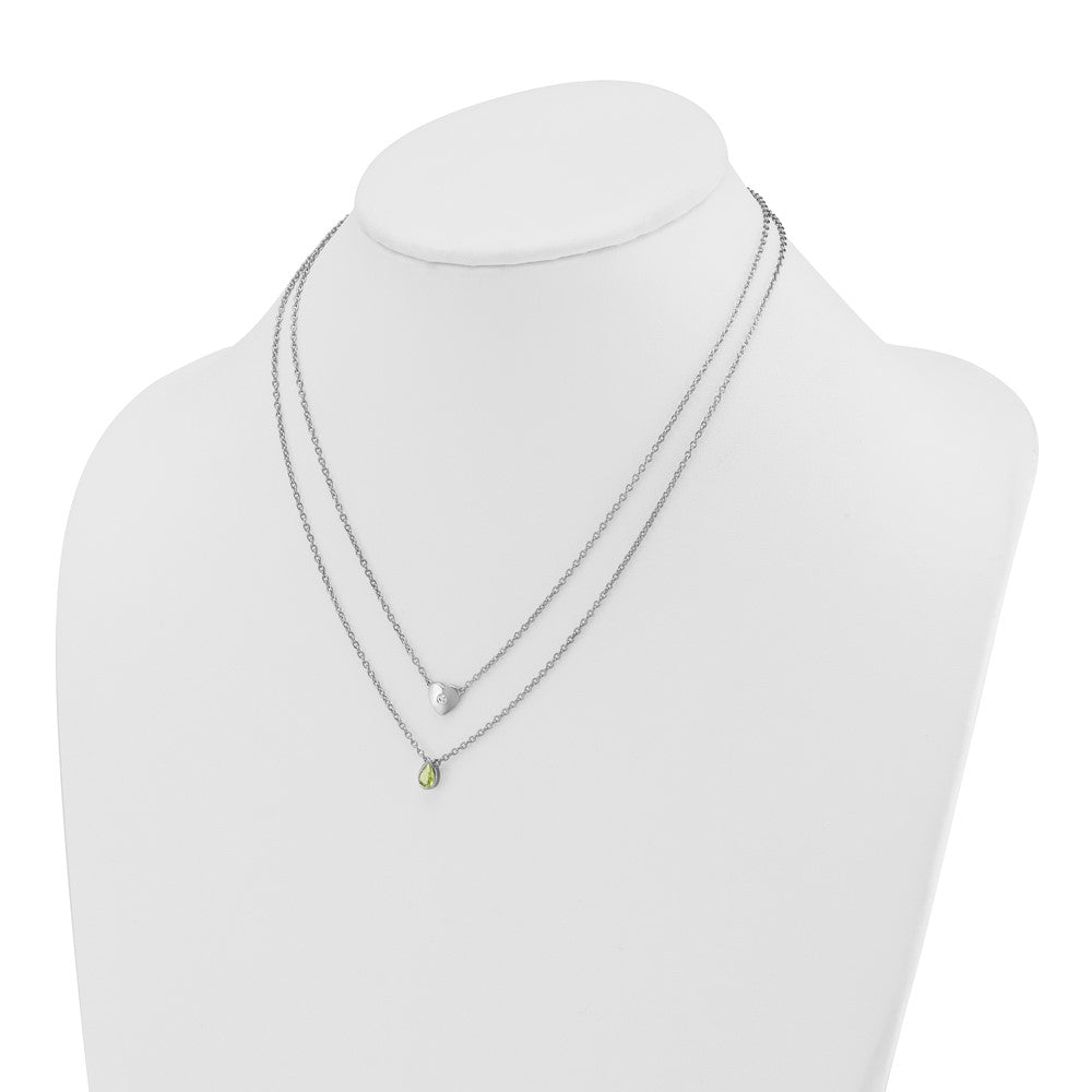 Sterling Silver Rhodium Plated White Ice .05 Dia and Peridot 2-Strand Heart Necklace