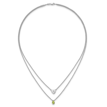 Sterling Silver Rhodium Plated White Ice .05 Dia and Peridot 2-Strand Heart Necklace