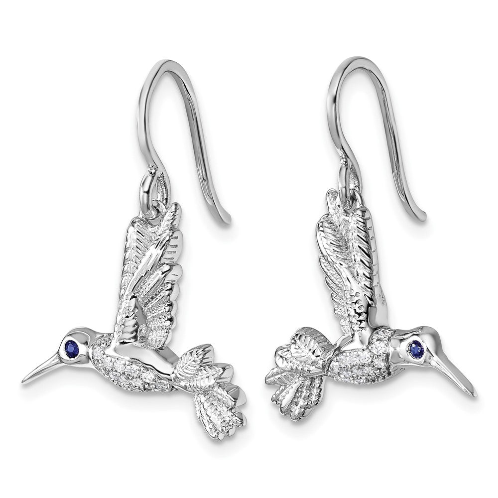 Sterling Silver Rhodium Plated White Ice .01 Dia and Sapphire Hummingbird Earrings