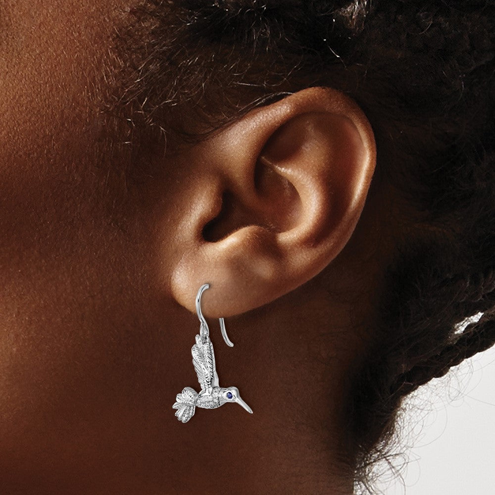Sterling Silver Rhodium Plated White Ice .01 Dia and Sapphire Hummingbird Earrings