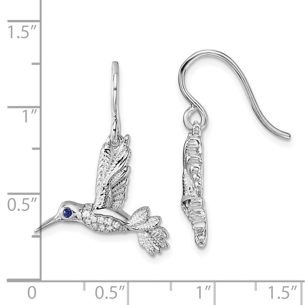 Sterling Silver Rhodium Plated White Ice .01 Dia and Sapphire Hummingbird Earrings