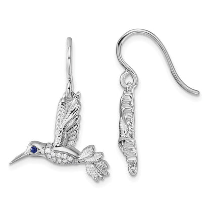 Sterling Silver Rhodium Plated White Ice .01 Dia and Sapphire Hummingbird Earrings