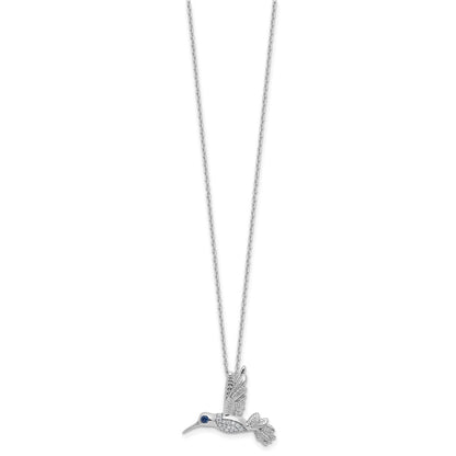 Sterling Silver Rh Plt White Ice .01 Dia and Sapphire Hummingbird w/2in Ext Necklace