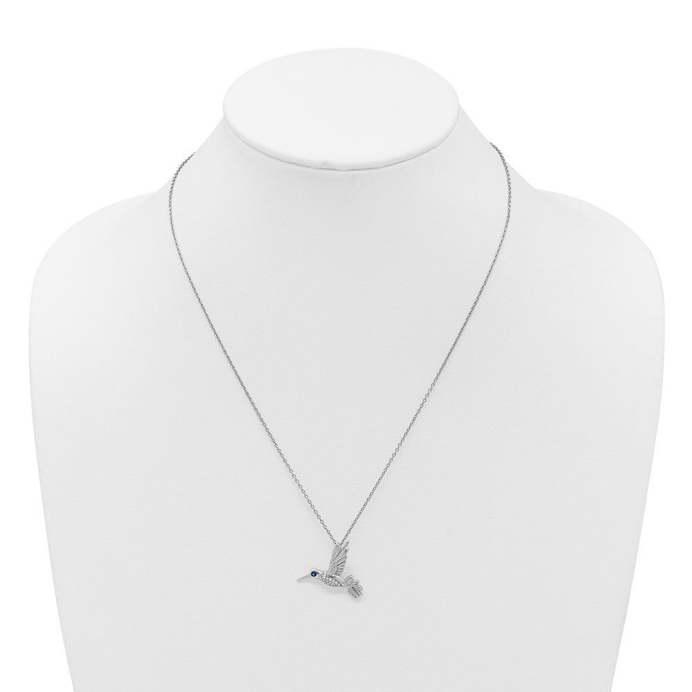 Sterling Silver Rh Plt White Ice .01 Dia and Sapphire Hummingbird w/2in Ext Necklace