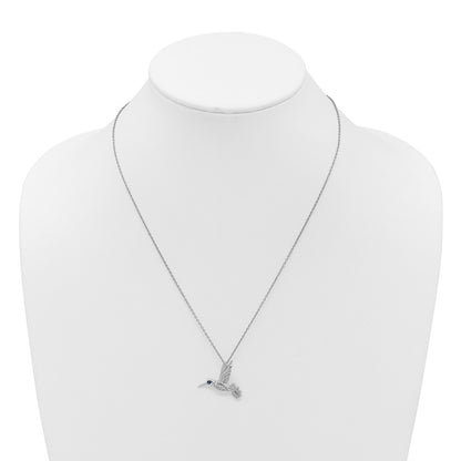 Sterling Silver Rh Plt White Ice .01 Dia and Sapphire Hummingbird w/2in Ext Necklace