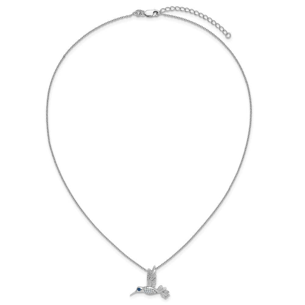 Sterling Silver Rh Plt White Ice .01 Dia and Sapphire Hummingbird w/2in Ext Necklace