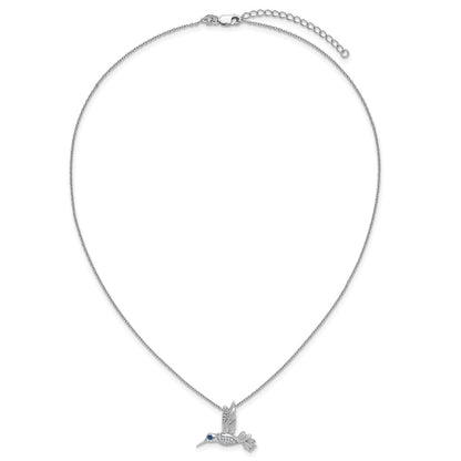 Sterling Silver Rh Plt White Ice .01 Dia and Sapphire Hummingbird w/2in Ext Necklace