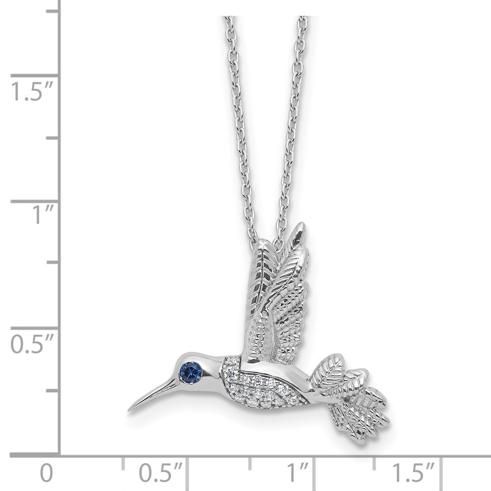 Sterling Silver Rh Plt White Ice .01 Dia and Sapphire Hummingbird w/2in Ext Necklace