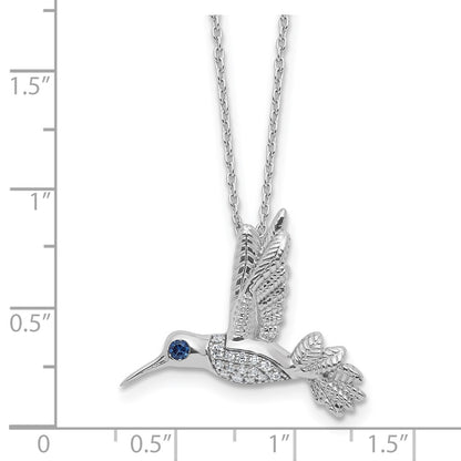 Sterling Silver Rh Plt White Ice .01 Dia and Sapphire Hummingbird w/2in Ext Necklace