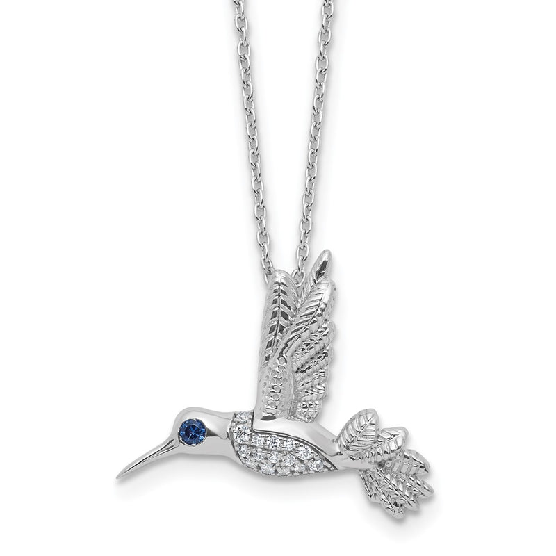 Sterling Silver Rh Plt White Ice .01 Dia and Sapphire Hummingbird w/2in Ext Necklace