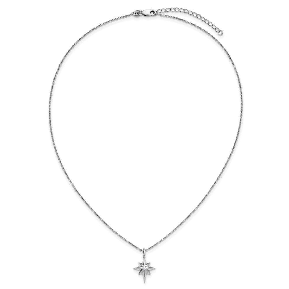 Sterling Silver Rhodium Plated White Ice .05 Diamond Star w/2in Ext Necklace