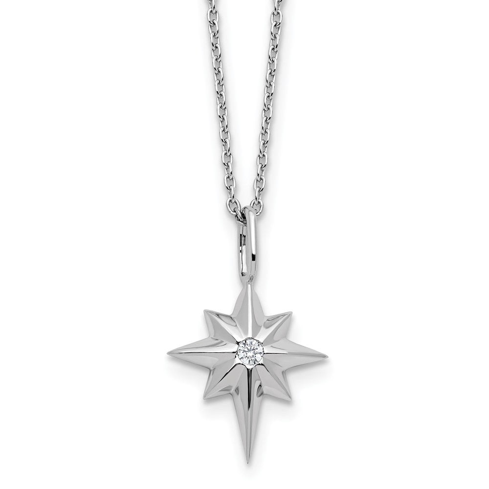 Sterling Silver Rhodium Plated White Ice .05 Diamond Star w/2in Ext Necklace