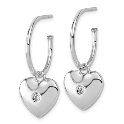 Sterling Silver Rhodium Plated White Ice .01 Diamond Heart Post C-Hoop Earrings