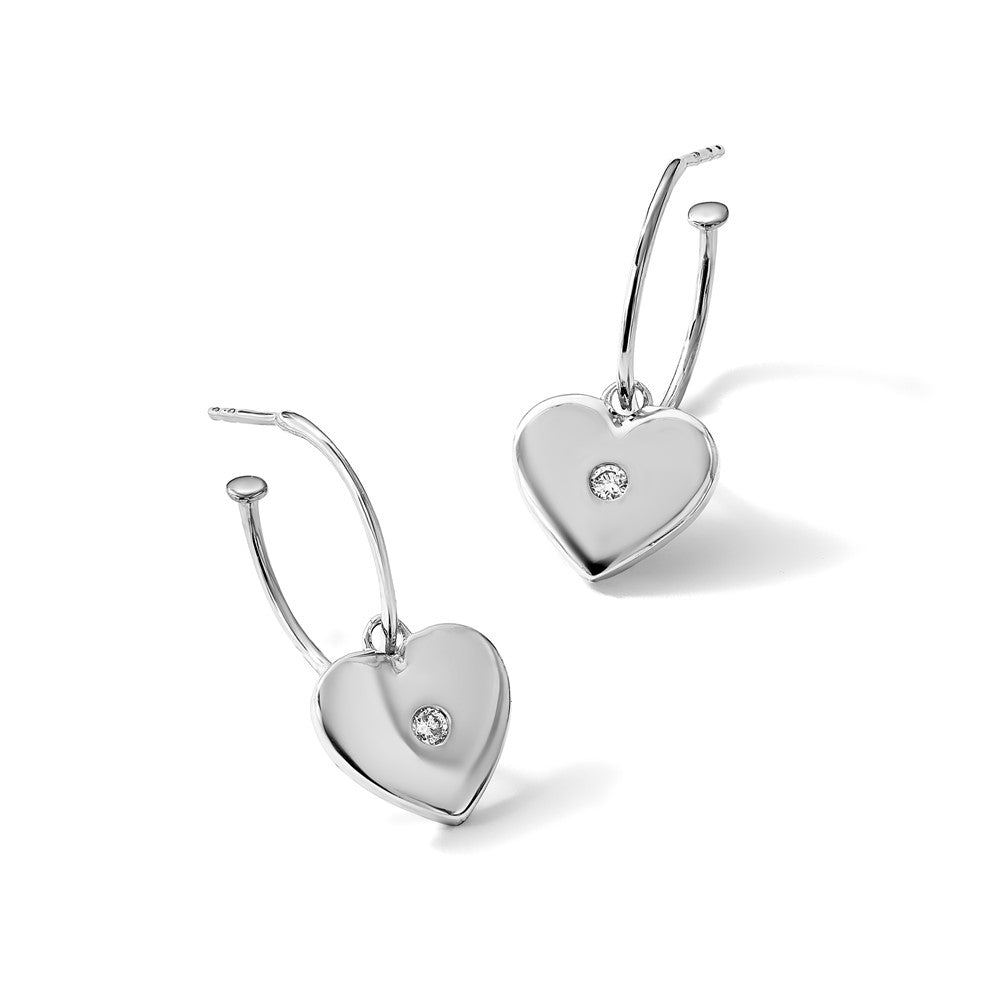Sterling Silver Rhodium Plated White Ice .01 Diamond Heart Post C-Hoop Earrings