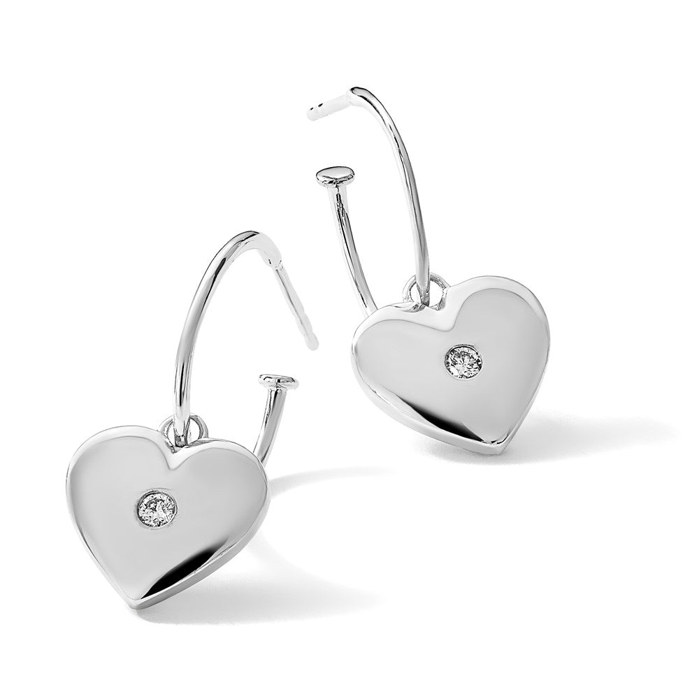 Sterling Silver Rhodium Plated White Ice .01 Diamond Heart Post C-Hoop Earrings