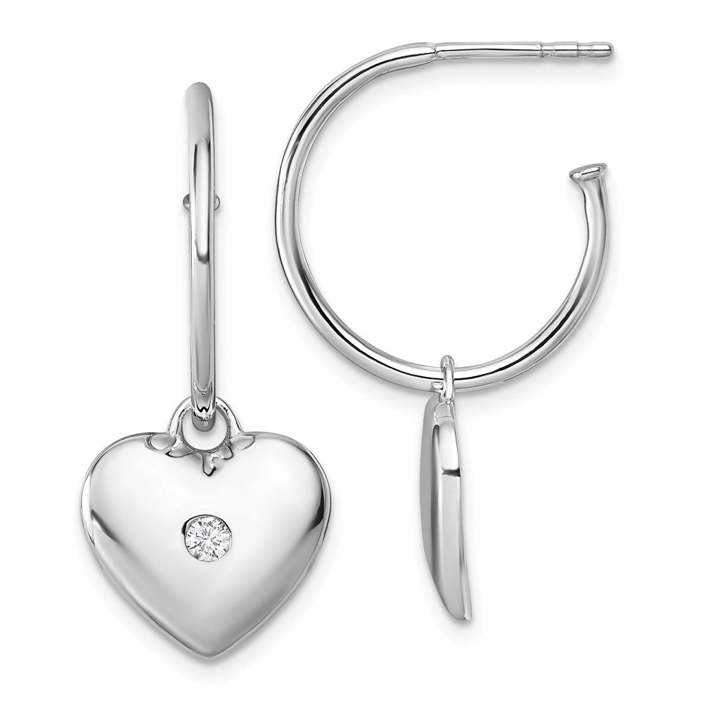 Sterling Silver Rhodium Plated White Ice .01 Diamond Heart Post C-Hoop Earrings