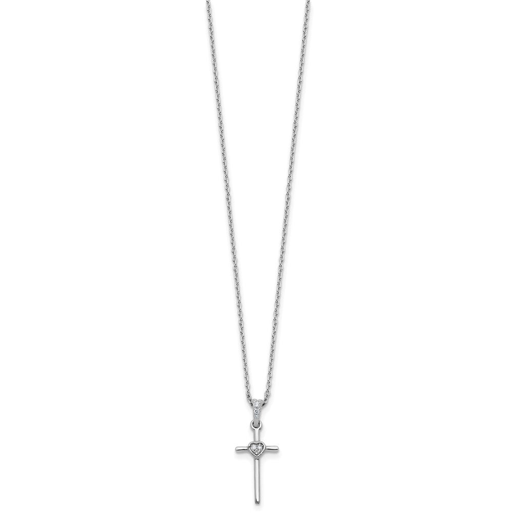 Sterling Silver Rhodium Plated White Ice .05 Dia Cross Heart w/2in Ext. Necklace